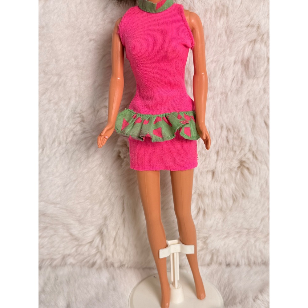 Vintage Barbie 90s Pink Knit Dress Green Geometric Peplum Sleeveless Mini Tagged